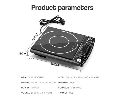 EuroChef Electric Induction Portable Cooktop Ceramic Hot Plate Kitchen Cooker 10AMP
