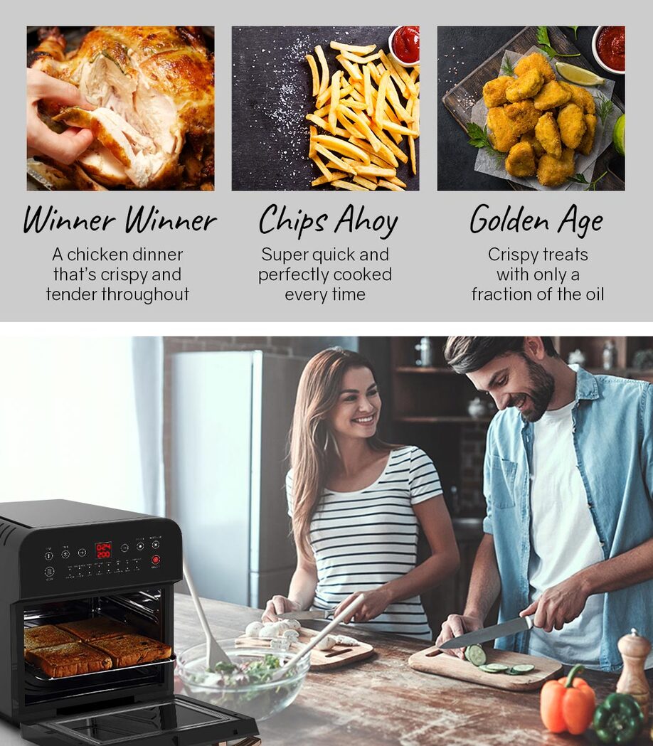 EUROCHEF 16L Digital Air Fryer Electric with Rotisserie - Black with Gold Handle