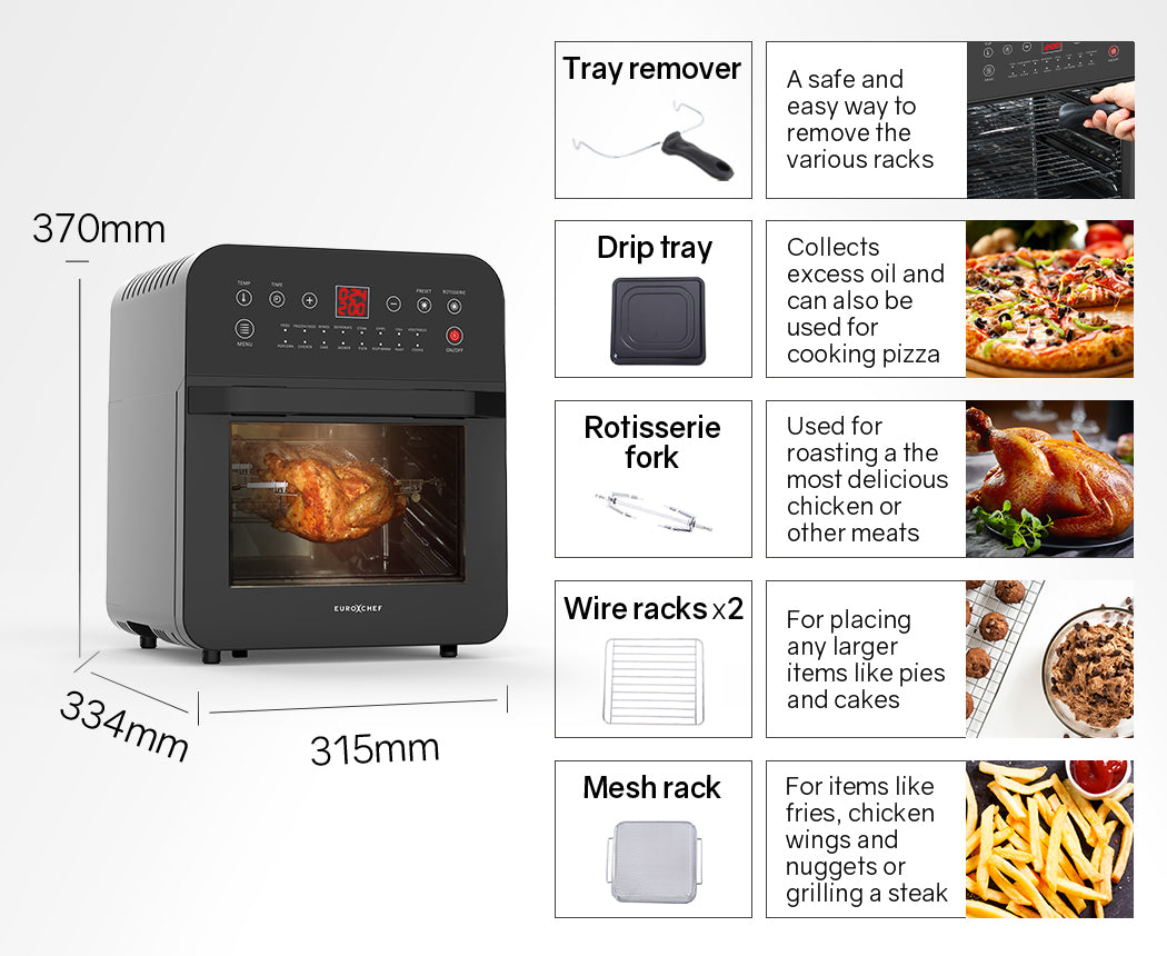 EUROCHEF 16L Digital Air Fryer Electric with Rotisserie - Black