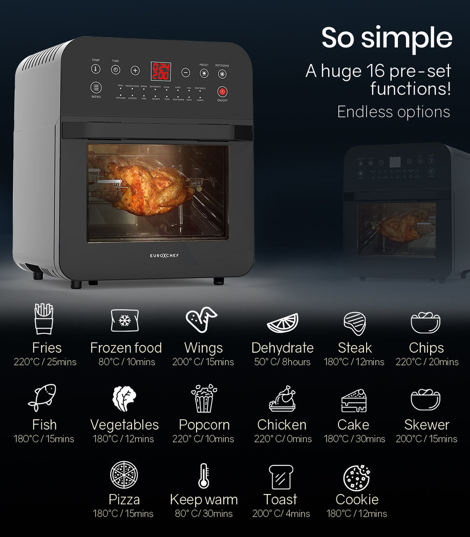 EUROCHEF 16L Digital Air Fryer Electric with Rotisserie - Black