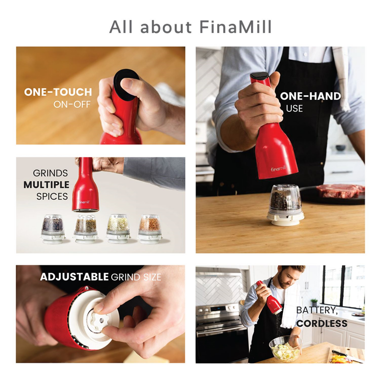 FinaMill Battery Operated Pepper Mill & Spice Grinder - All in One - Sangria Red Gloss