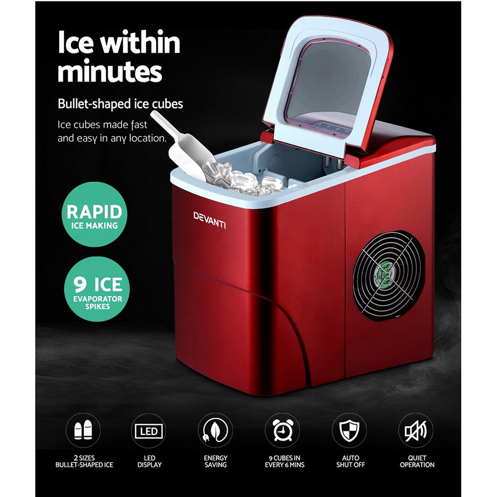 DEVANTi Portable Ice Cube Maker Machine 2L Home Bar Benchtop Easy Quick Red