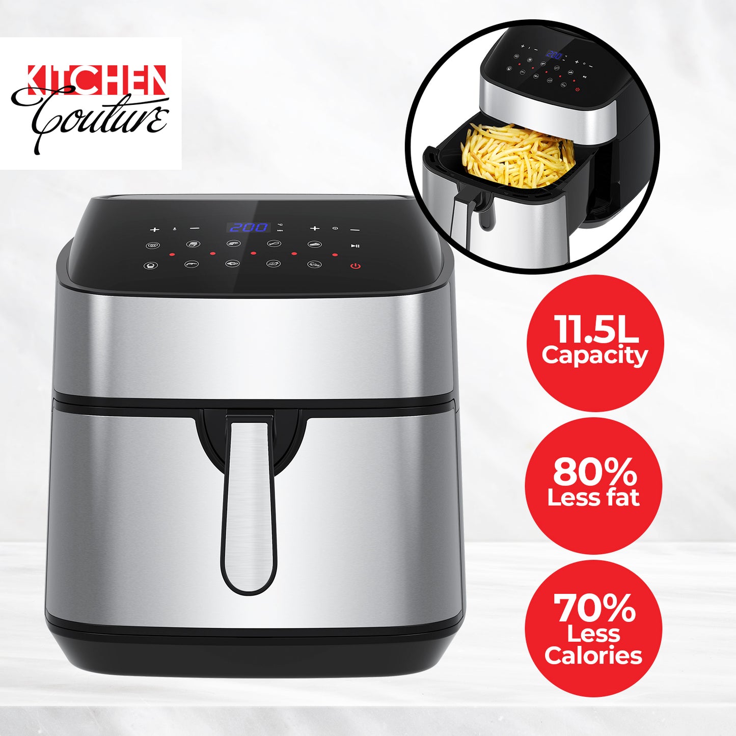 Kitchen Couture 11.5 Litre Air Fryer Multifunctional LCD Digital Display - Silver