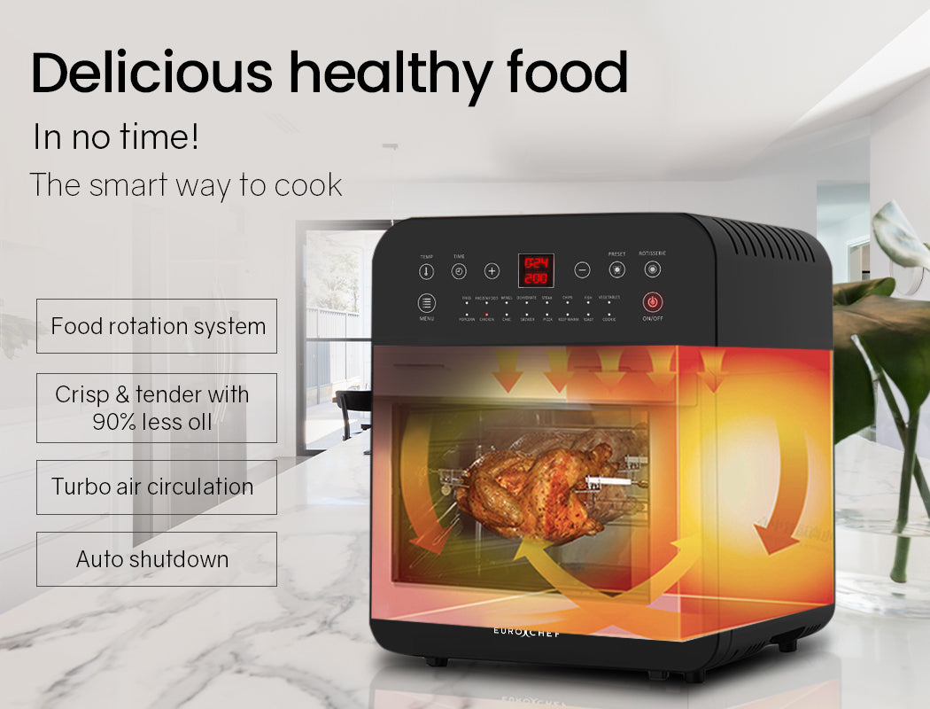 EUROCHEF 16L Digital Air Fryer Electric with Rotisserie - Black with Gold Handle