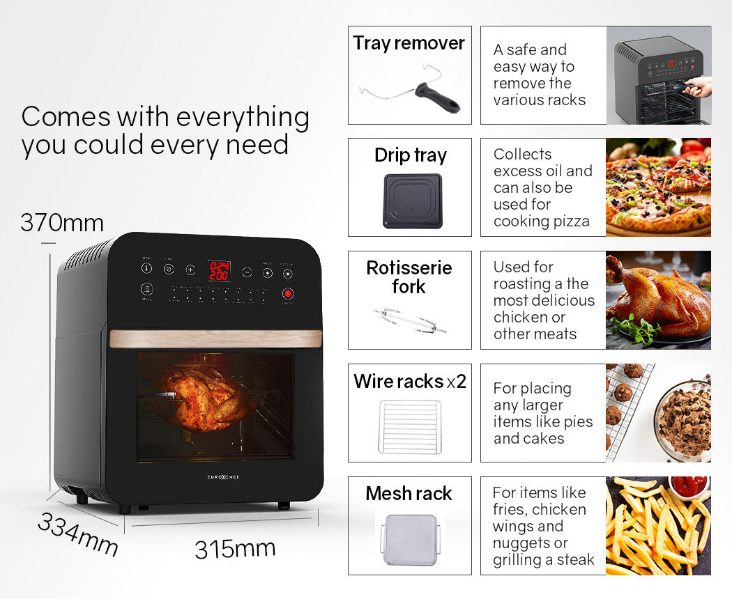 EUROCHEF 16L Digital Air Fryer Electric with Rotisserie - Black with Gold Handle