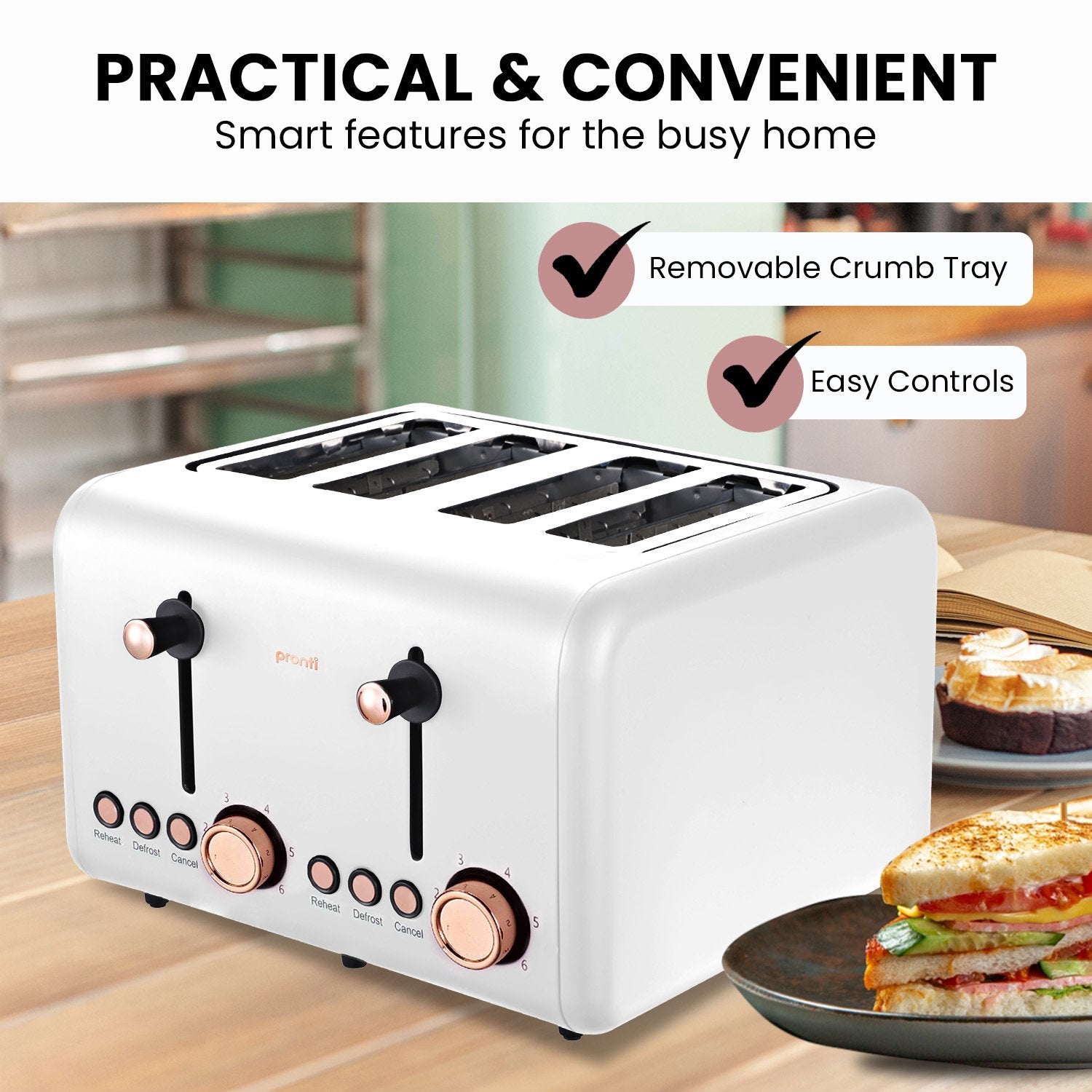 1500W 4 Slices Bread Toaster, Crumb Tray, Cord Storage, 7 Settings