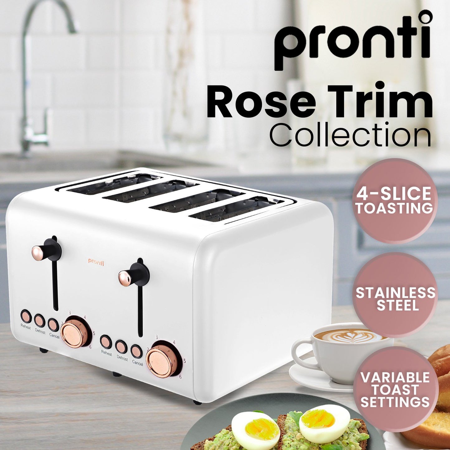 Pronti 4 Slice Toaster Rose Trim Collection - White