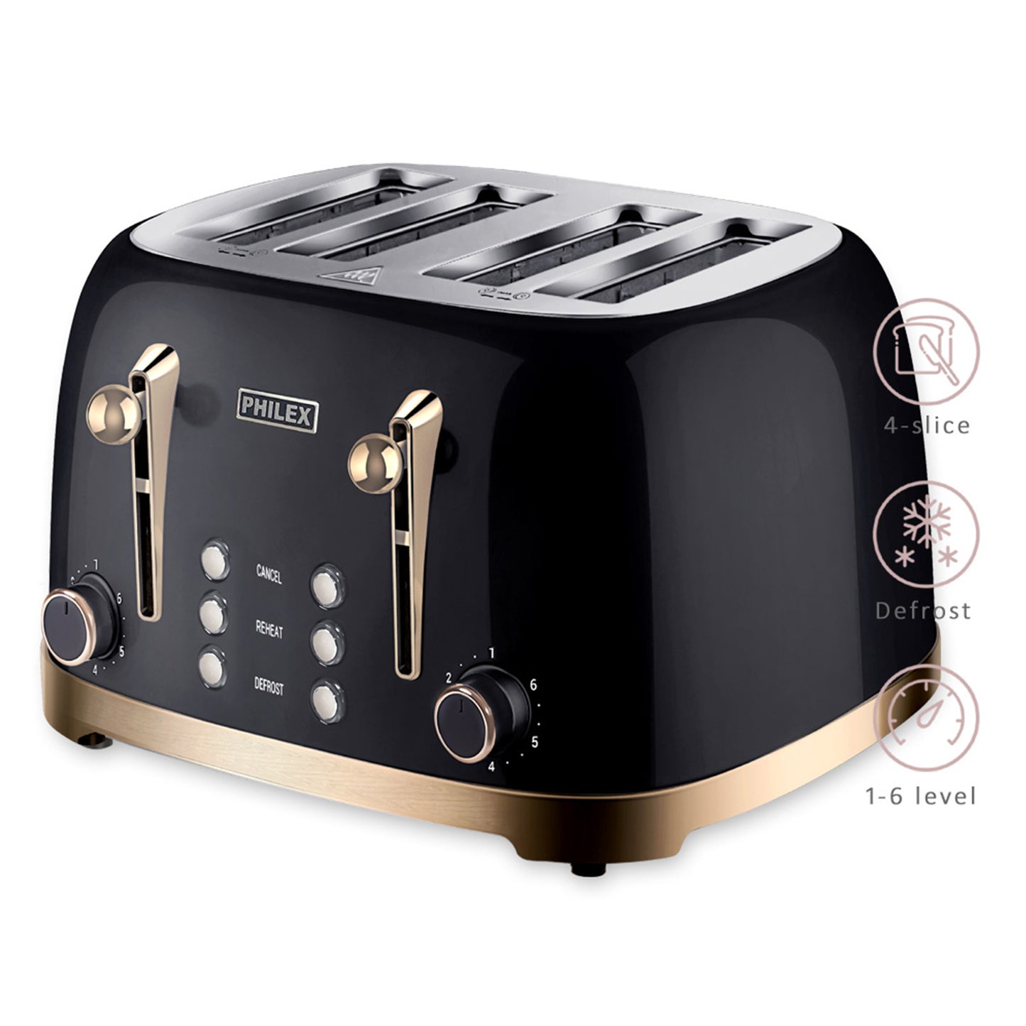 PHILEX 4-Slice Toaster Bread Reheat Retro - Black